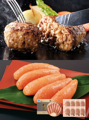 送料無料 明太子に合う!さとふるで1位の唐津バーグ ハンバーグ140g×8個 贈答用 謹製辛子めんたい[樽]350g×1個セット 福さ屋 辛子明太子 明太子 ハンバーグ