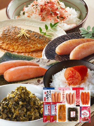 送料無料 福が来る!至福の味くらべセット(あごだし辛子めんたい90g、無着色辛子めんたい90g、辛口辛子めんたい90g、めんたい辛子たかな130g、さばのめんたい味噌煮120g×2、辛子めんたい風ふりかけ30g) 福さ屋 辛子明太子 明太子